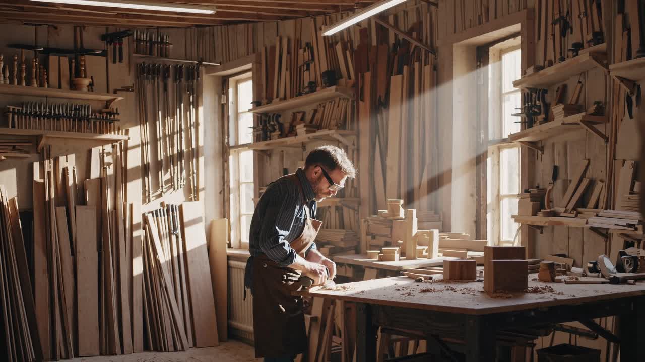 Warm, rustic workshop scene with a craftsman at work