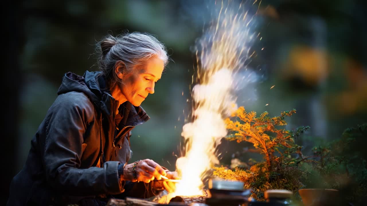 A skilled artisan engages in the intricate process of fire-making, skillfully creating sparks that illuminate the surroundings and showcase her dedication to outdoor craftsmanship