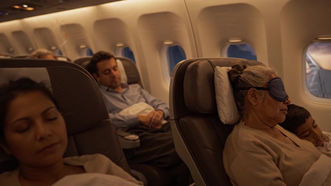 Uma Jornada Serena: Uma Mulher Idosa e uma Criança Dormindo Juntas em um Avião, Cercadas por Outros Passageiros Desfrutando de um Voo Calmo em Meio a Vistas Panorâmicas