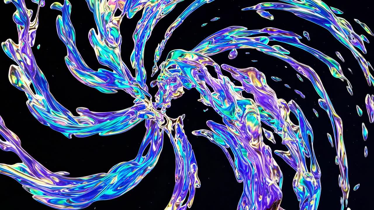 Abstract image of colorful iridescent liquid swirling against a black background capturing movement and vibrancy