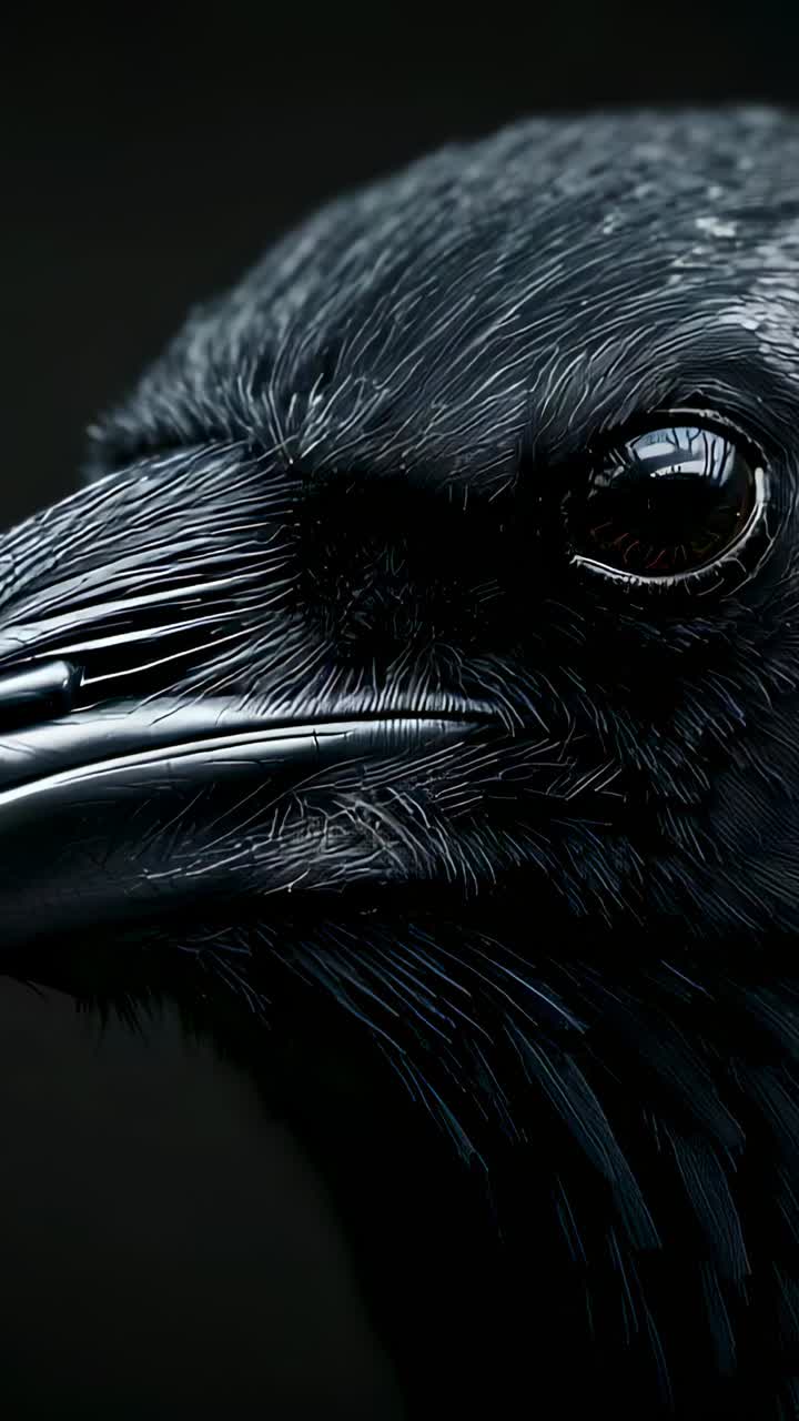 Vertical video: Adjusting camera, dark bird beak and head shifting in studio, with eye catchlight