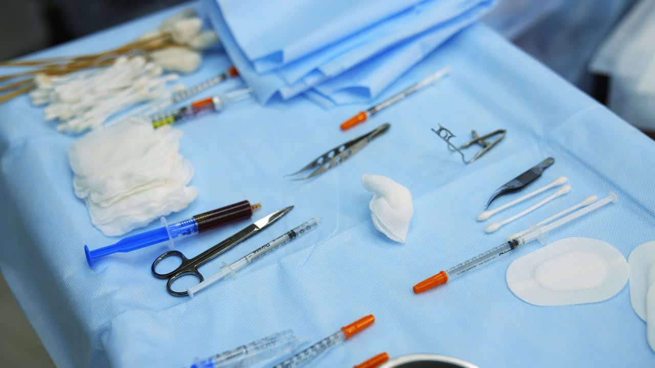 Medical tools in ophthalmology. Surgical instruments for vision correction. Sterile tools on the table in ophthalmic operating room.