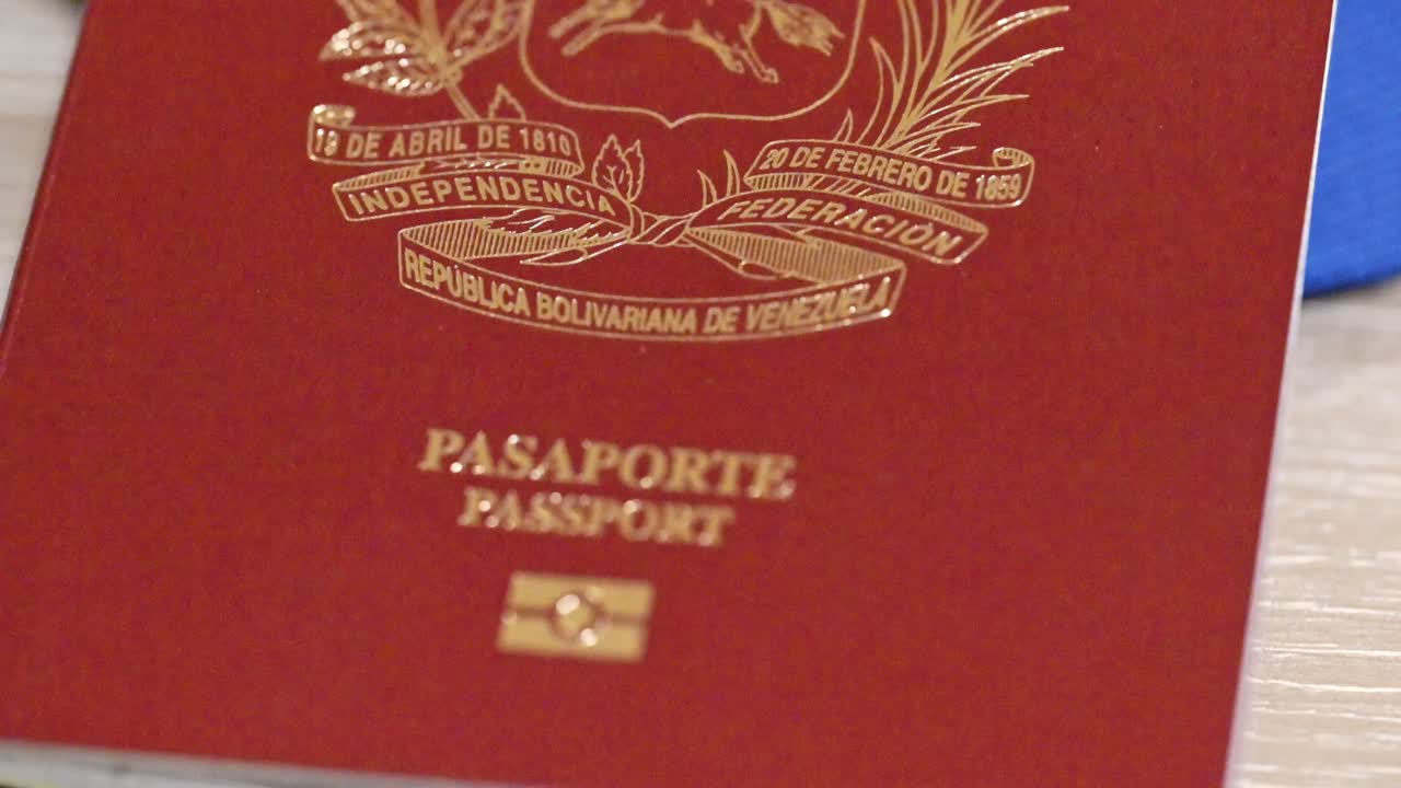 Venezuelan passport and Venezuelan flag with country’s emblem