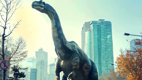 a large dinosaur in the middle of a city street