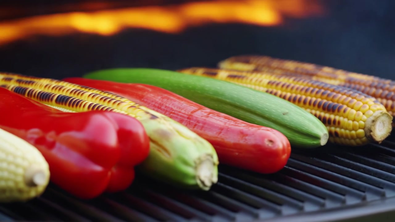 網目のバーベキューグリルで焼かれる様々な野菜のローアングルクローズアップ。焦げたトウモロコシ、艶やかなピーマン、温かい炎の逆光が食欲をそそる夏のバーベキューの雰囲気を演出。