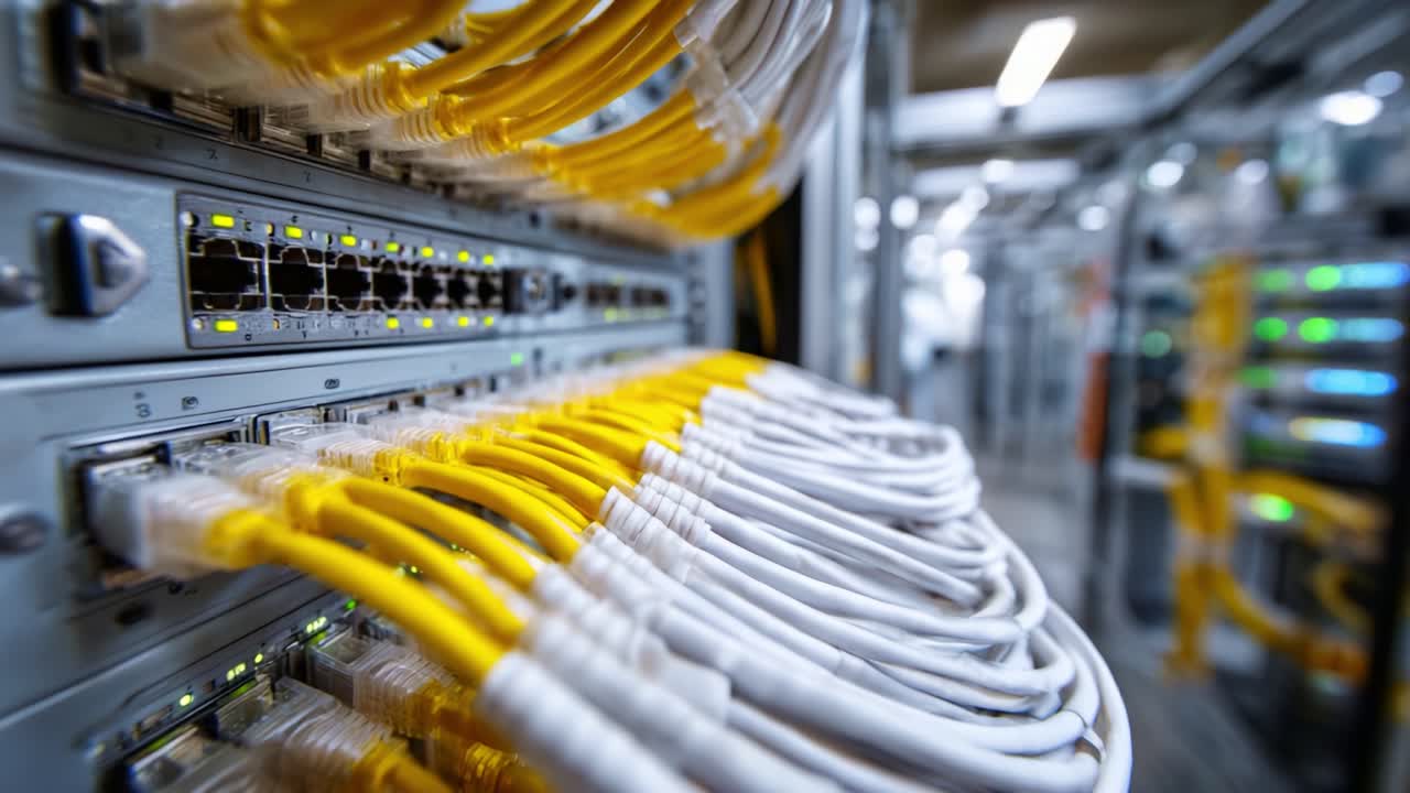 Network Infrastructure with Connected Ethernet Cables in a Data Center, Showcasing the Hardware and Connectivity Essential for Modern Digital Communication Systems