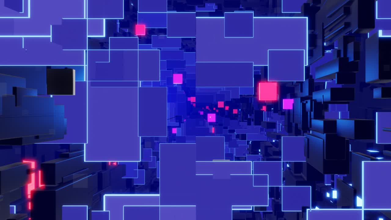 túnel con luz de neón. ciencia ficción bg volar a través del espacio digital tecnológico. concepto de flujo de información de alta tecnología, blockchain. diseño de movimiento bg en bucle 3d, cubos y marcos, construcciones. bg dinámico oscuro