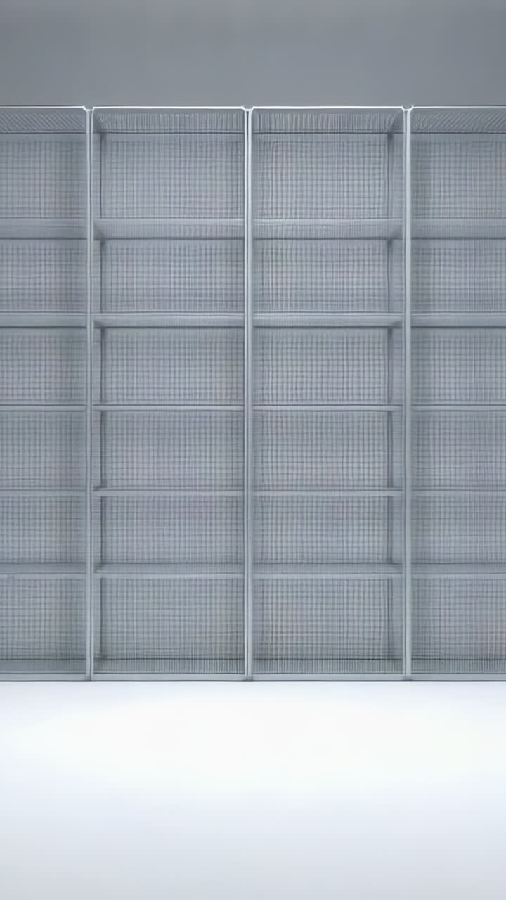 Video verticale: panoramica della camera che sposta scaffali metallici verso il centro dello studio, rivelando il supporto in rete