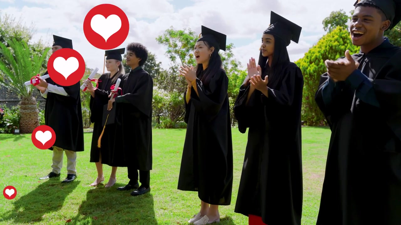 Graduates clapping for graduation after offstage diploma handoff, stepping back while hearts rising