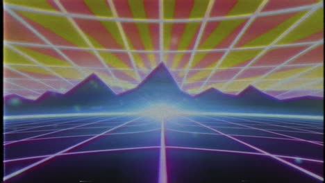 Retro-80er-VHS-Kassette-Videospiel-Intro-Landschaft-Vektor-Arcade-Drahtmodell-Berge