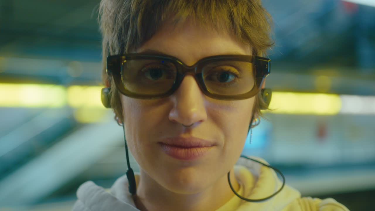 Portrait of Girl with Earphones in Subway