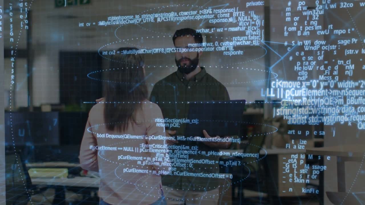 Man activating holographic code overlay by gesturing at tablet, woman listening in office tech demo