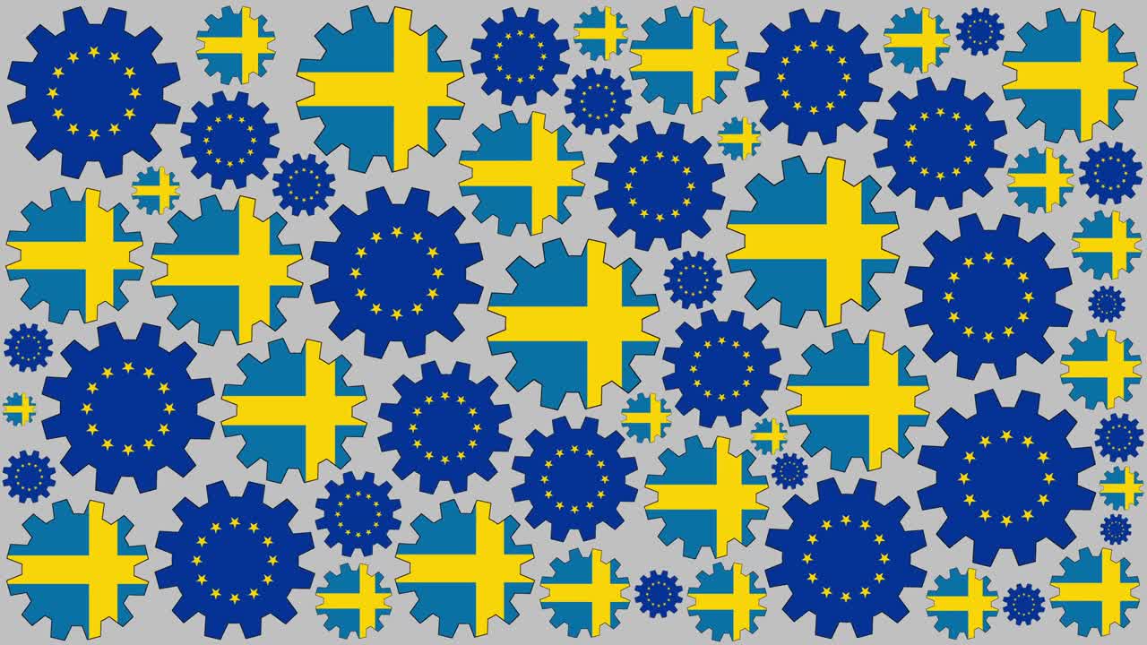 Ingranaggi con bandiere europea e svedese che girano sullo sfondo