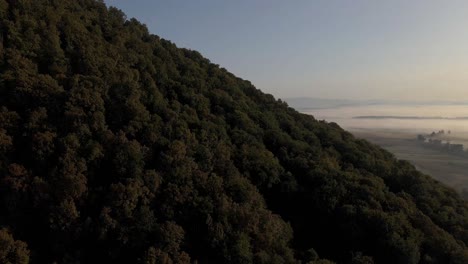 Dando-Vueltas-Alrededor-De-Una-Colina-Cubierta-De-Bosque-Al-Borde-De-Vastas-Tierras-Planas