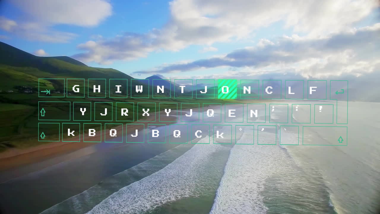 Letters and arrows animation over coastal landscape with waves and mountains