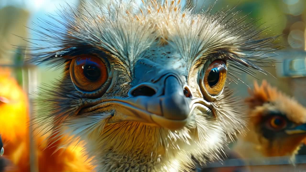 A close up of an ostrich's face with its eyes open and looking at the camera. The ostrich is surrounded by other ostriches, some of which are also looking at the camera