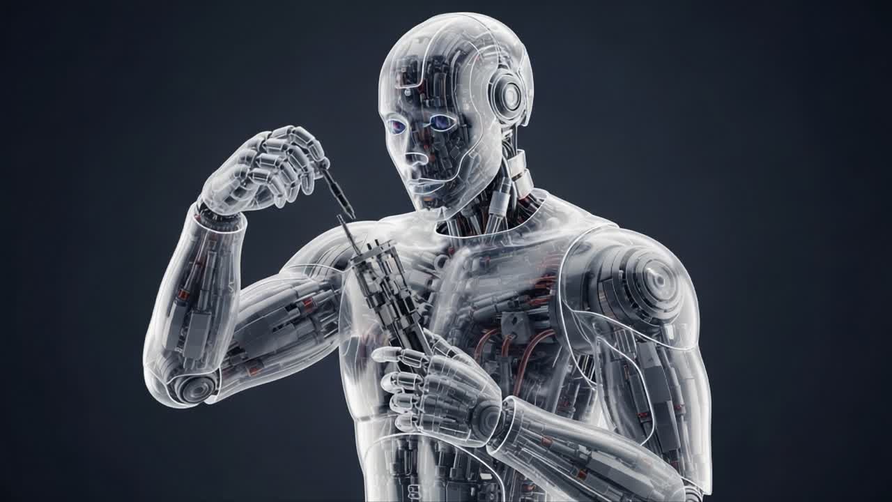 A Transparent Humanoid Robot Engaged in Precise Manipulation, Exploring Advanced Robotics and Its Intricate Mechanisms in a Captivating Futuristic Scenario