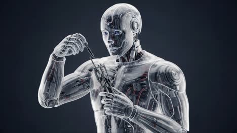 a transparent humanoid robot engaged in precise manipulation, exploring advanced robotics and its intricate mechanisms in a captivating futuristic scenario