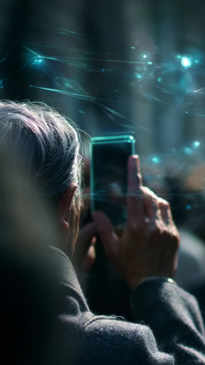 Capturing Moments: A Person Uses a Smartphone to Take Photos While Surrounded by Glowing Particles and a Mysterious Atmosphere in a Dimly Lit Setting