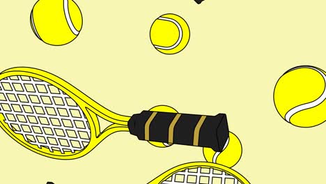 toon style yellow tennis balls and tennis rackets on yellow background.