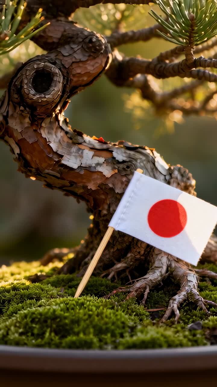 Video verticale: carrellata indietro iniziale della camera che rivela il tronco di un bonsai su un tavolo, scoprendo muschio e bandiera