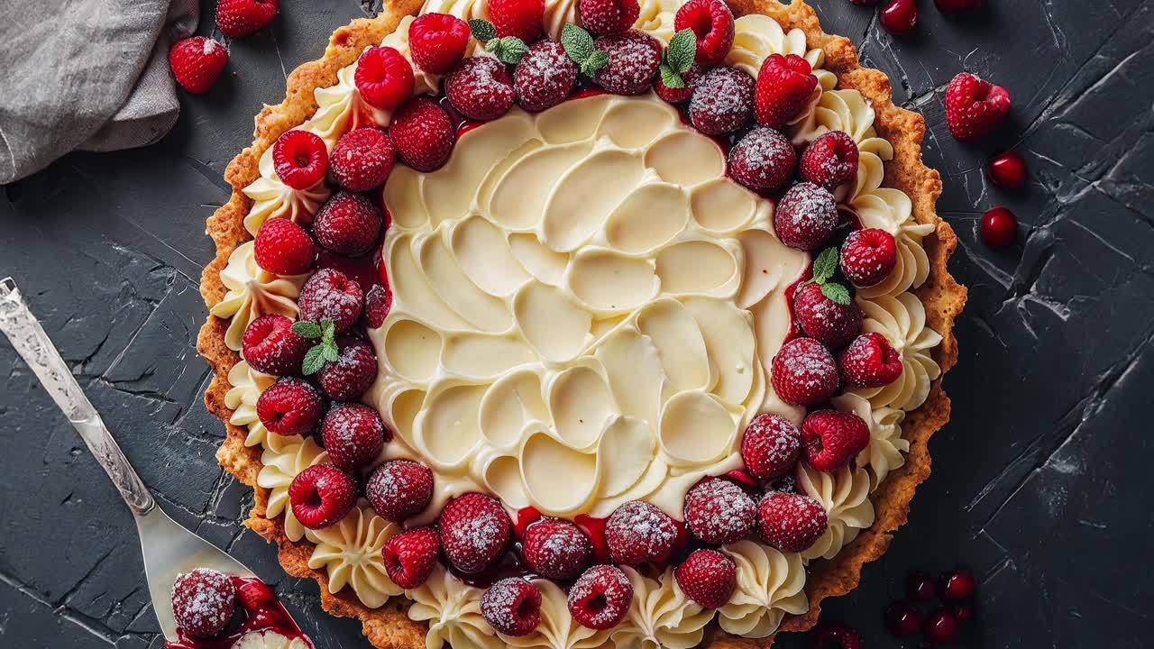 맛있는 라즈베리 타르트 크림 가득과 신선한 민트