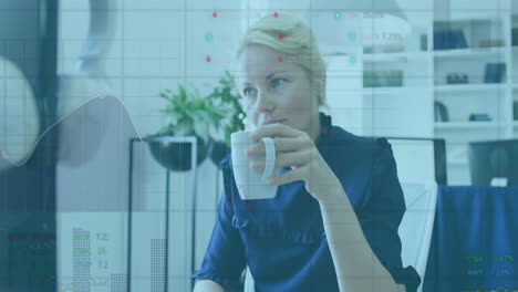 animation of financial data processing over caucasian businesswoman in office
