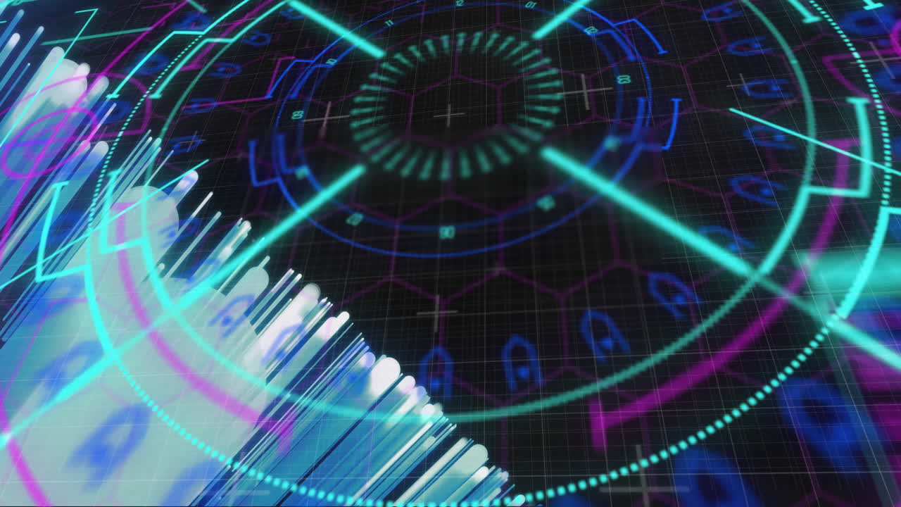 빛의 애니메이션과 검은 바탕에 다채로운 원형 스캐너 처리