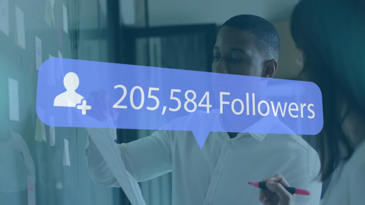 In office, business professionals discussing strategy with follower count animation overlay