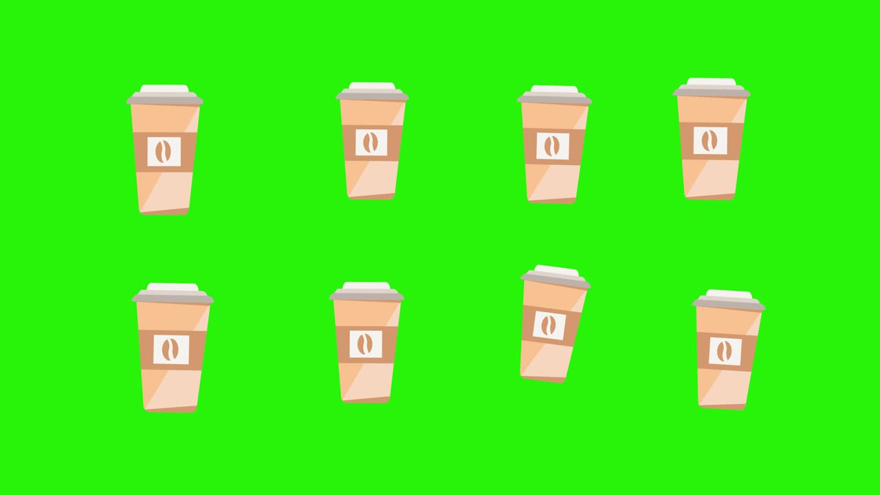 Animation of coffee cups on green screen chroma key, flat design elements