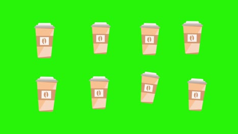 animation of coffee cups on green screen chroma key, flat design elements