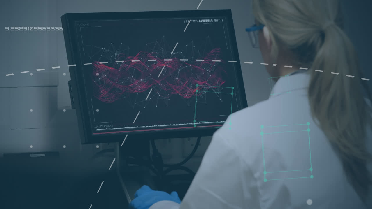 animación de procesamiento de datos y líneas blancas sobre médico femenino utilizando computadora