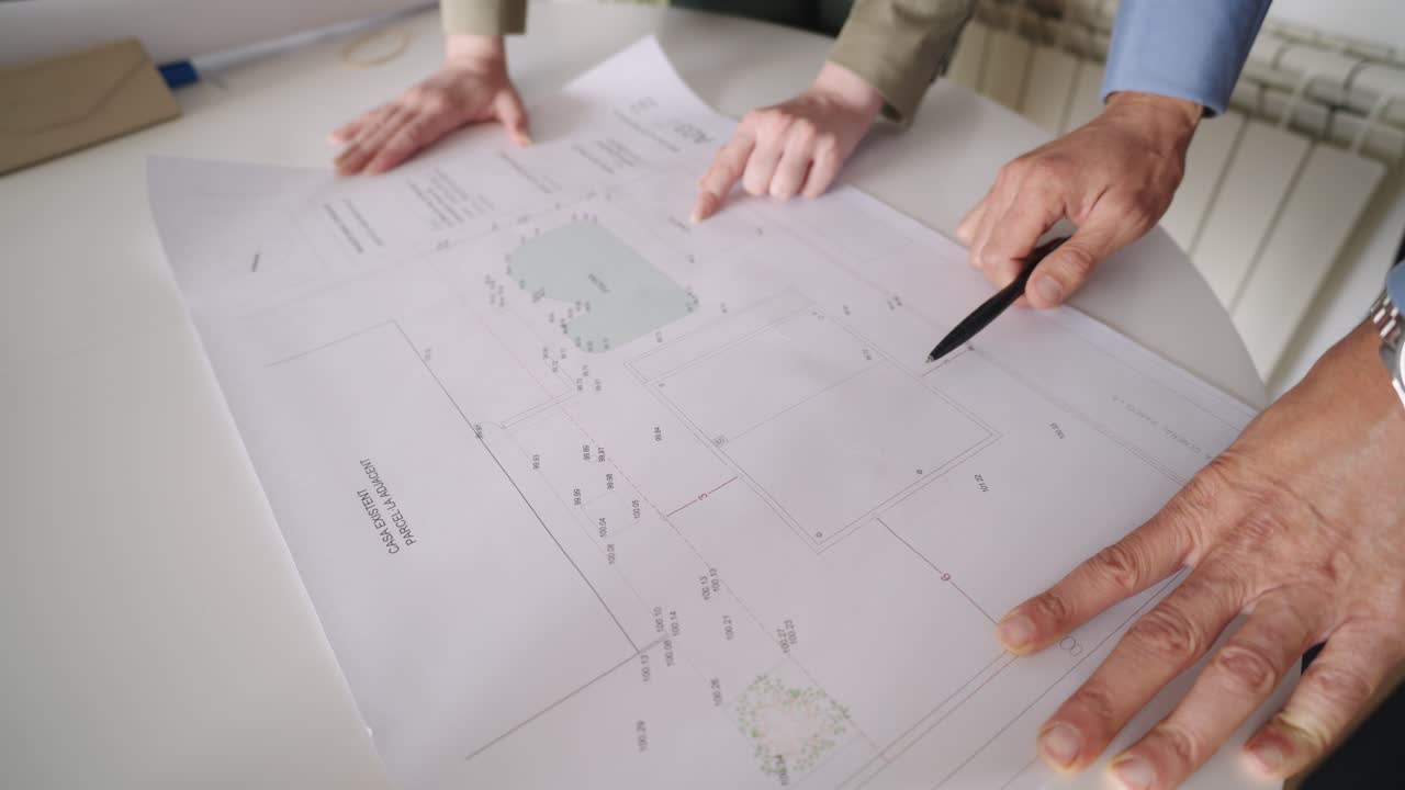 People reviewing architectural blueprint on a table