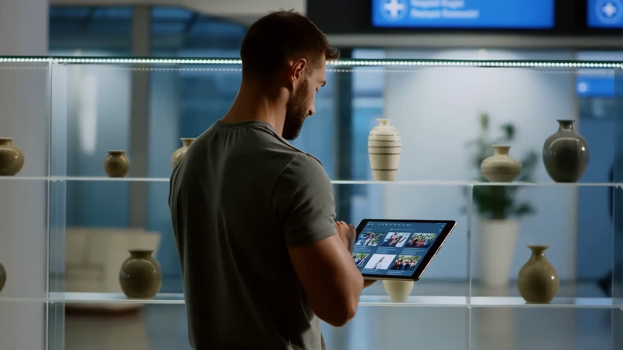 Man Interacting with a Tablet in Front of a Pottery Display at an Airport