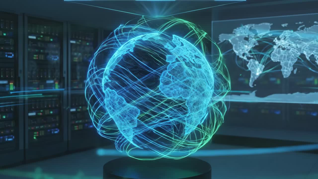 Digital Earth Hologram Displaying Global Network Stability in a Server Room