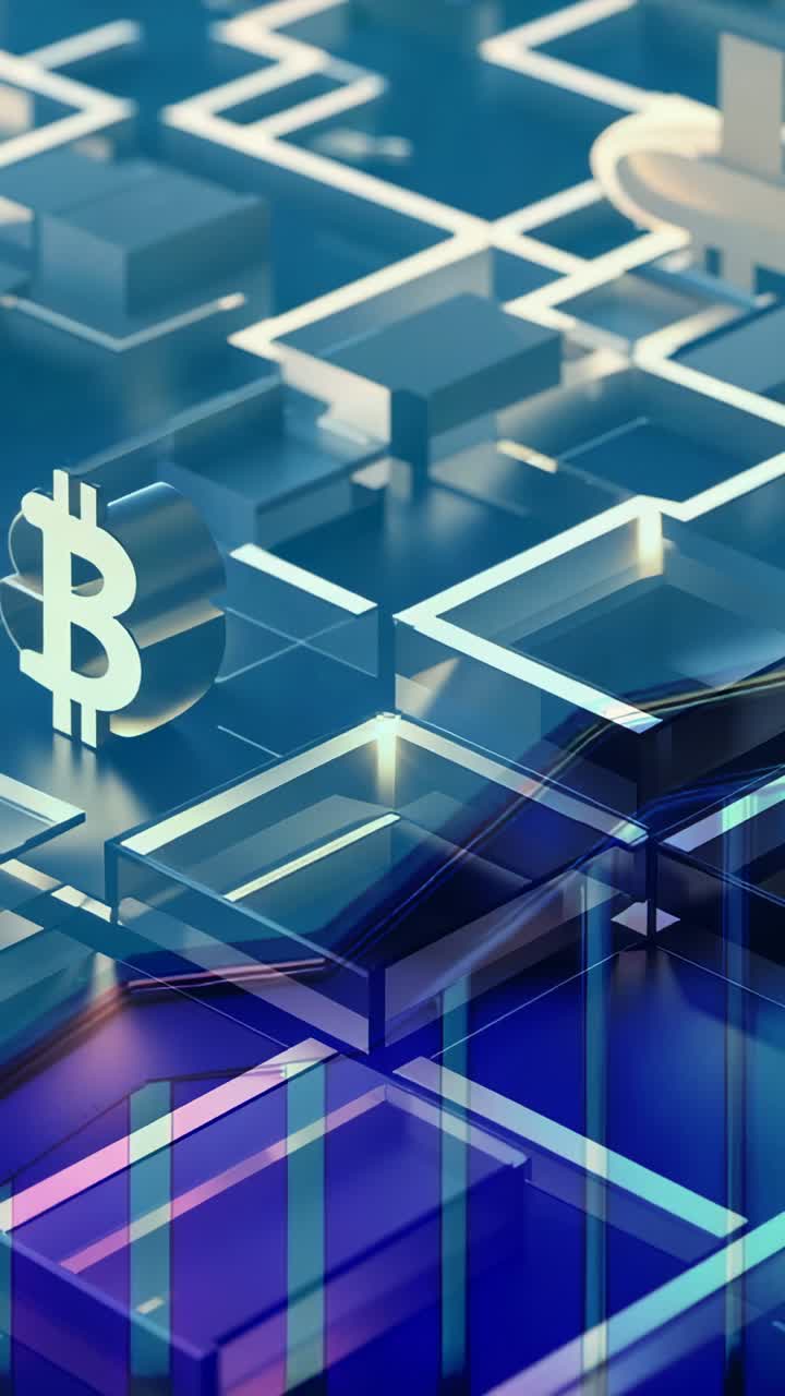 Vertical video: Springing neon line graph showing volume bars across grid nodes and gold Bitcoin l