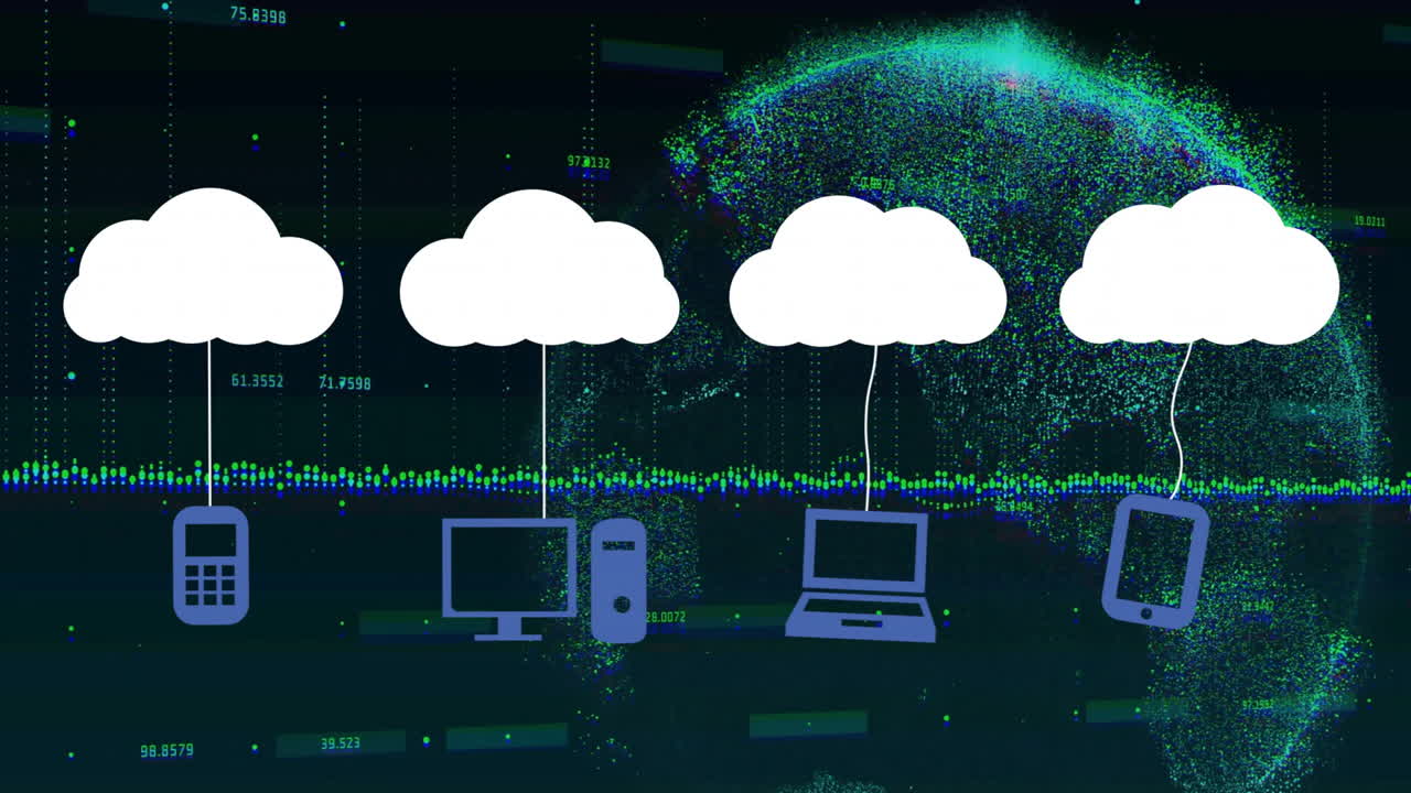 Animation of cloud computing with connected devices over digital globe background