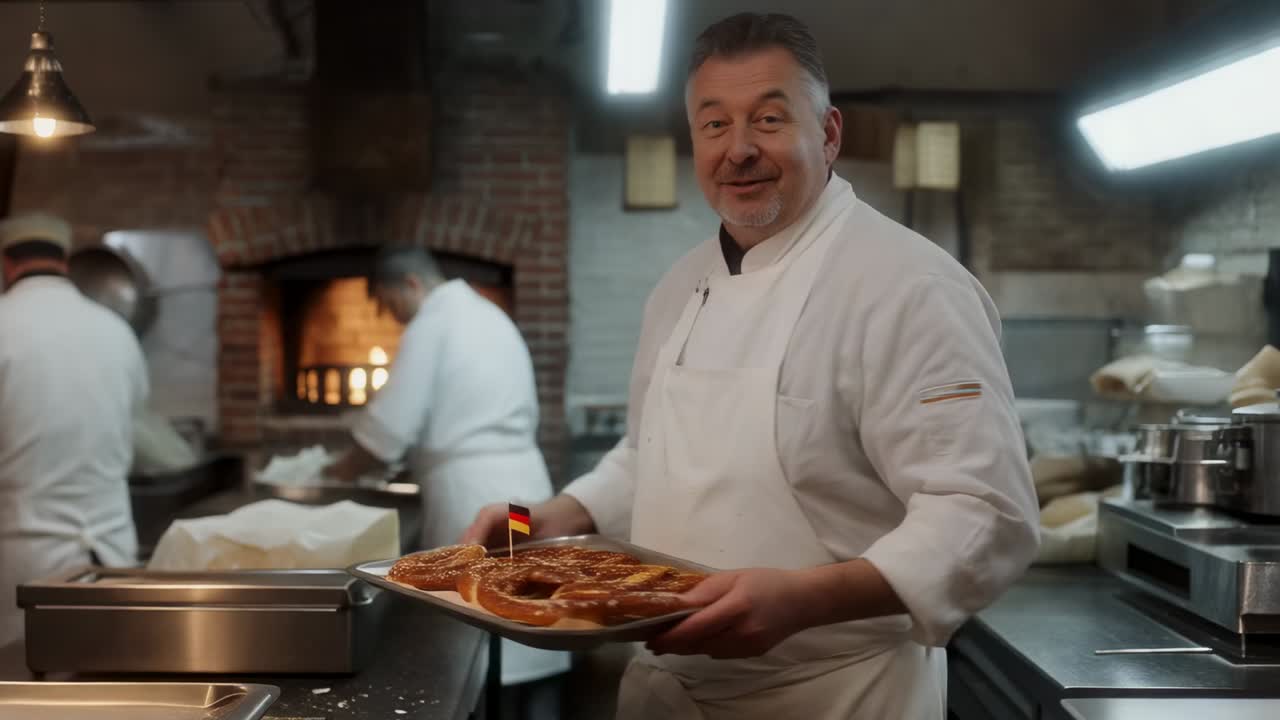 Chef sorridente con cappotto bianco e grembiule che presenta un vassoio di pretzel in una panetteria, mostrando la bandiera tedesca