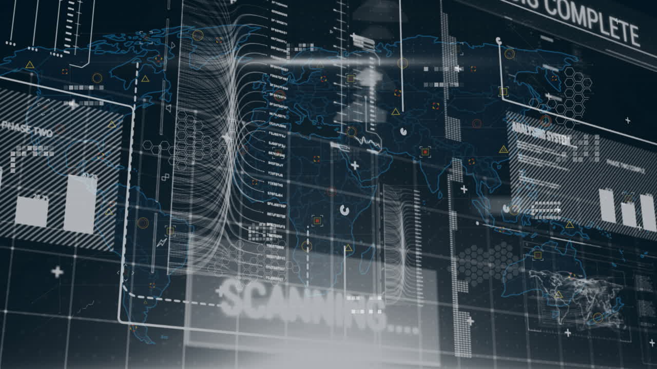 Animation of statistics and financial data processing over black background