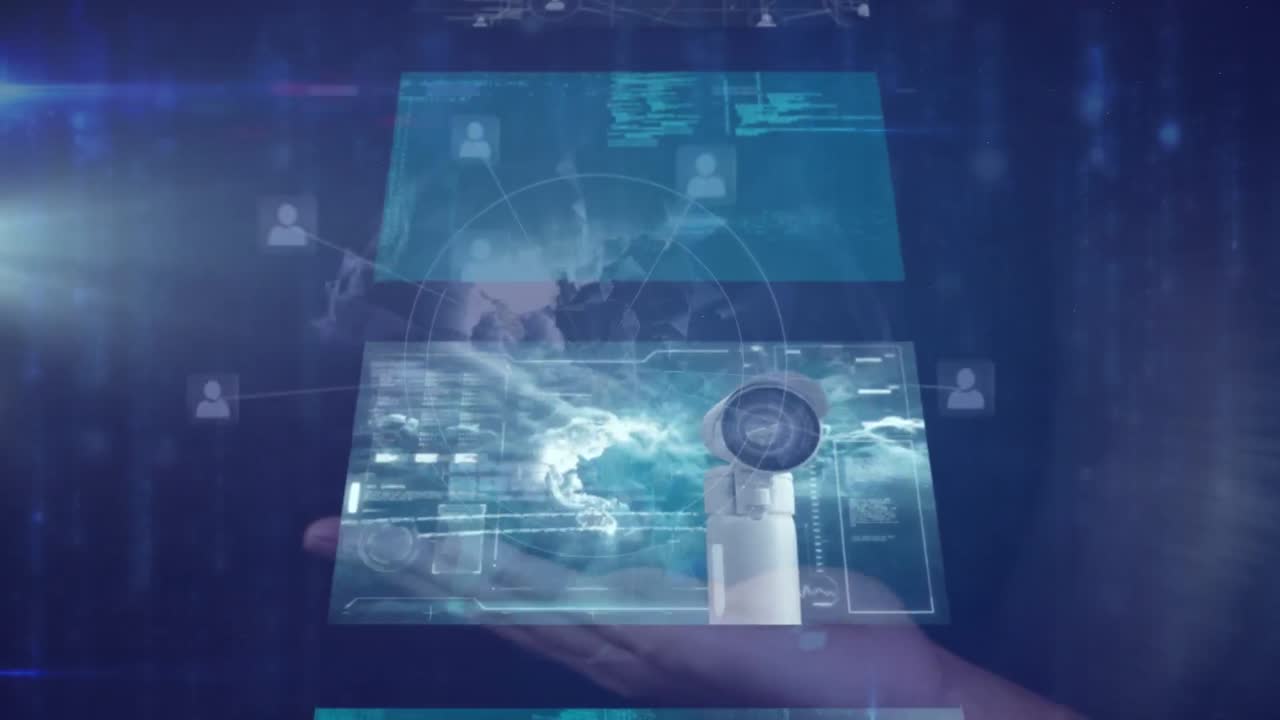 Animation of screens and networks of connections on blue background