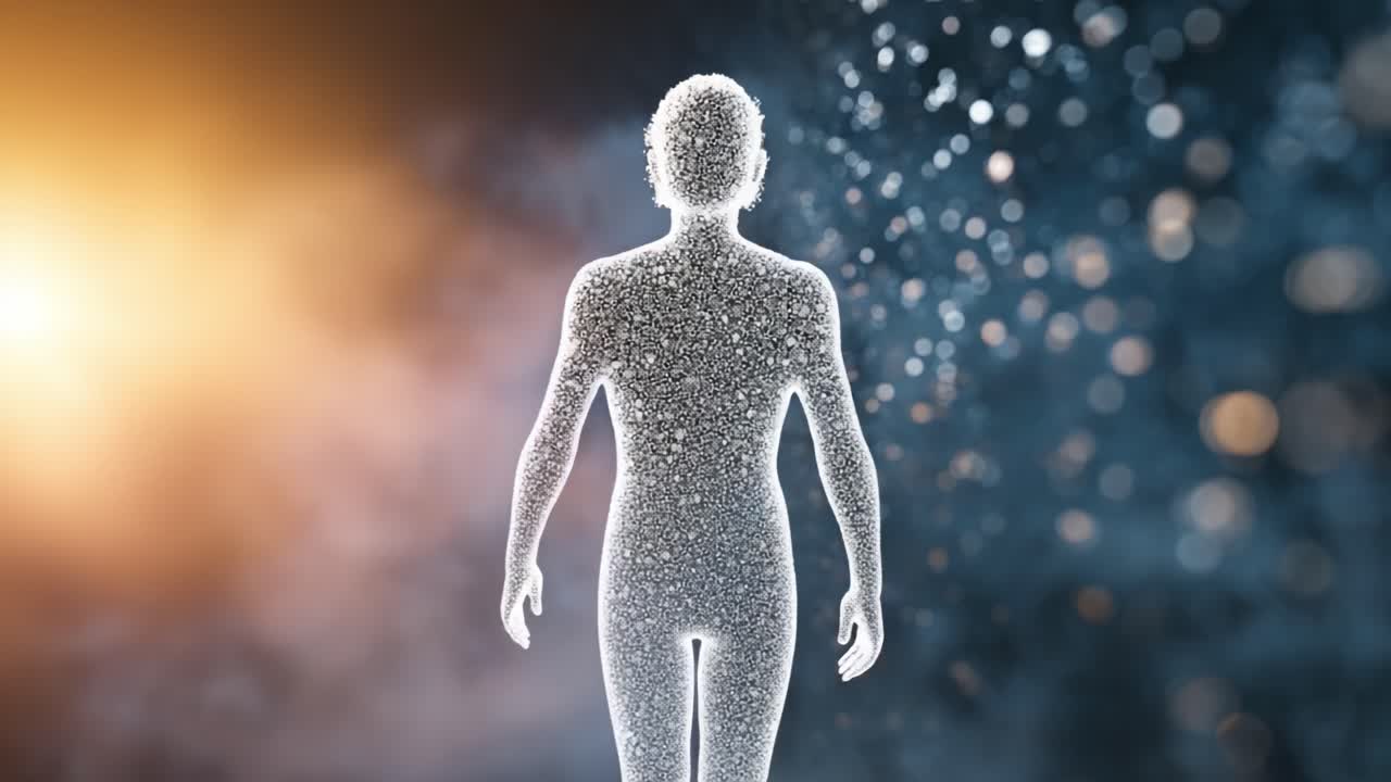 光と影を通じた超現実的な旅。きらめく粒子と宇宙の深さの中で、人間の姿が幽玄な存在へと変化していく様子を描いています。