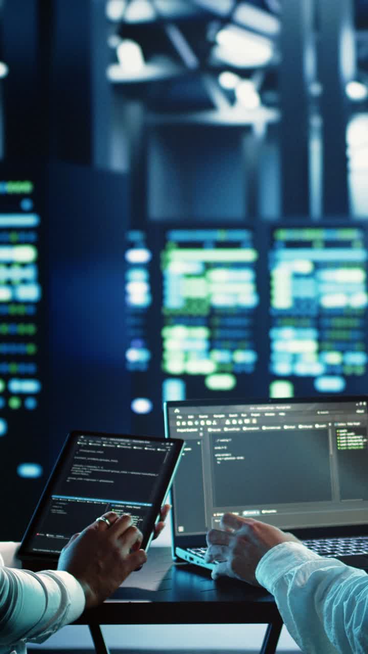 Vertical video Colleagues programming in data center