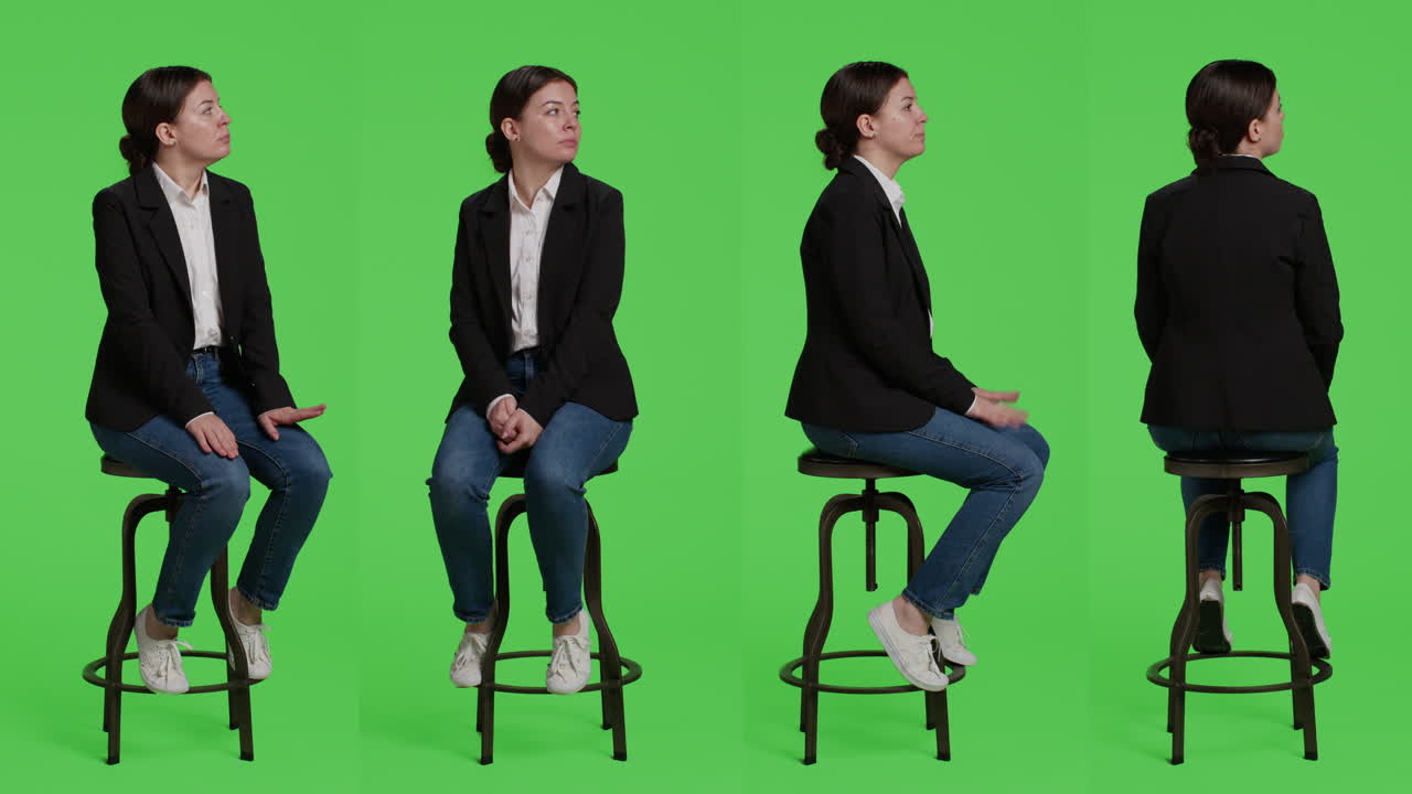 Woman sitting on stool in front of green screen