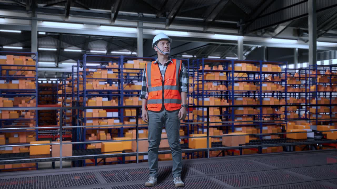 cuerpo lleno de ingeniero masculino asiático con casco de seguridad de pie en el almacén con estantes llenos de mercancías de entrega. mirando a su alrededor, comprobando el stock en los estantes