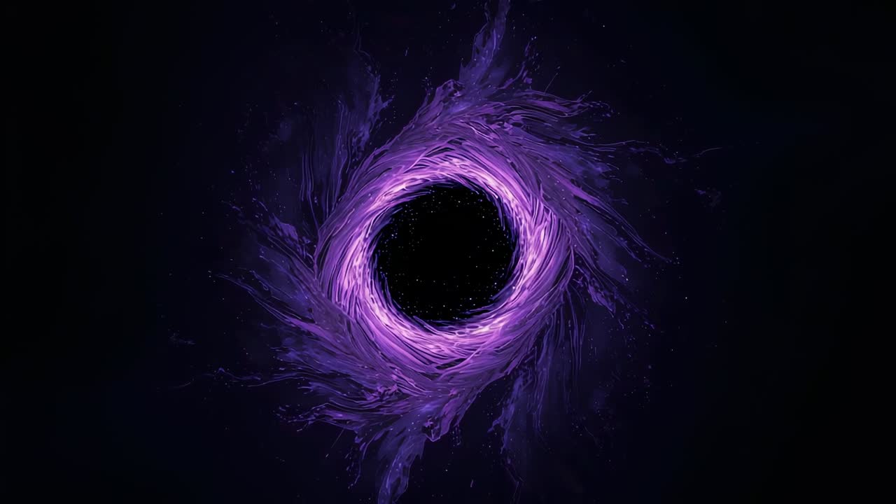 Upon emerging swirling purple vortex uncoiling around central dark void in space with star speckles