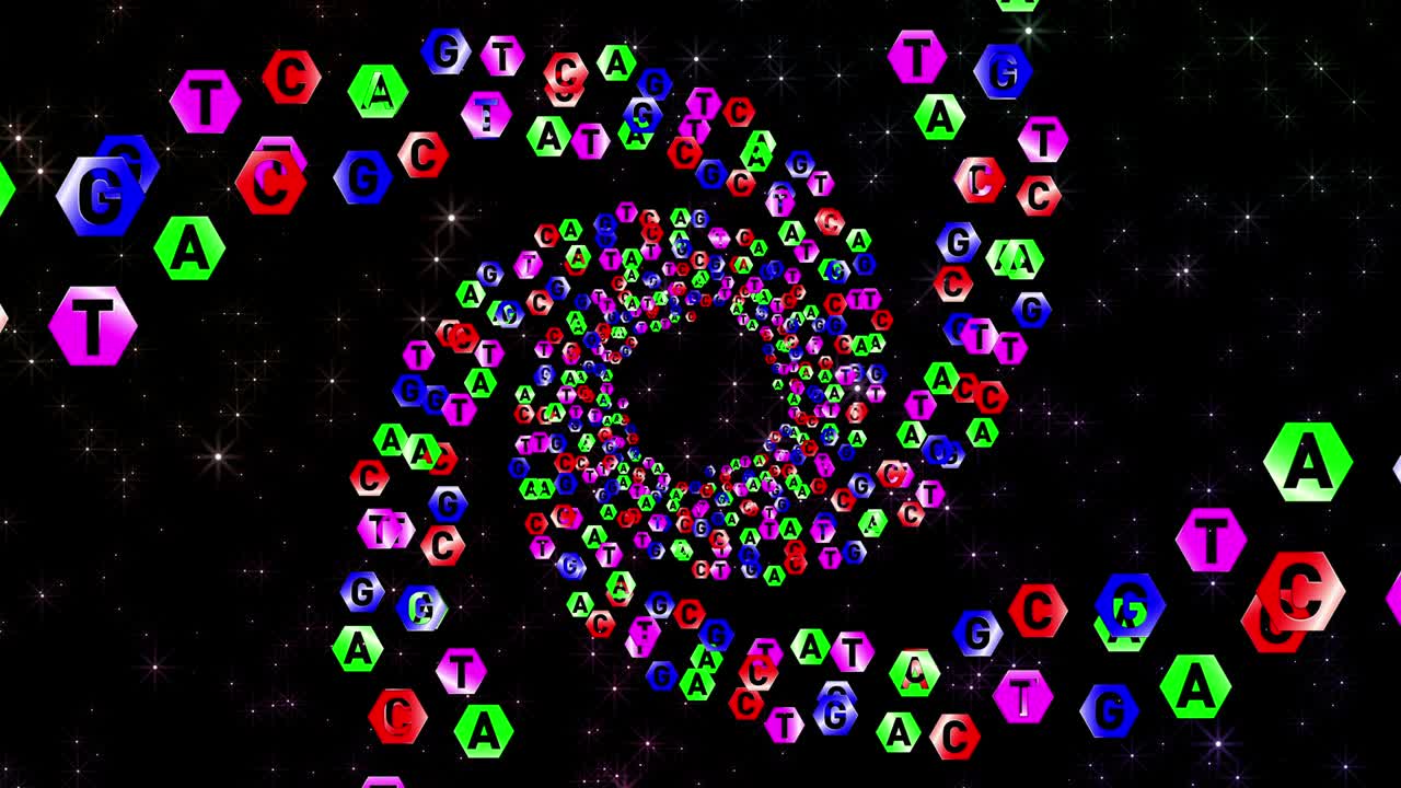a, t, g, c. 유전자 알파. dna. 유전학 과학에서 글자 코딩. 터널에서 나선형 움직임.