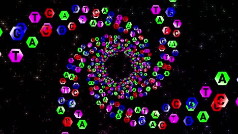 a, t, g, c. alfabeto genético. dna. codificación de letras en la ciencia de la genética. movimiento en espiral en el túnel.