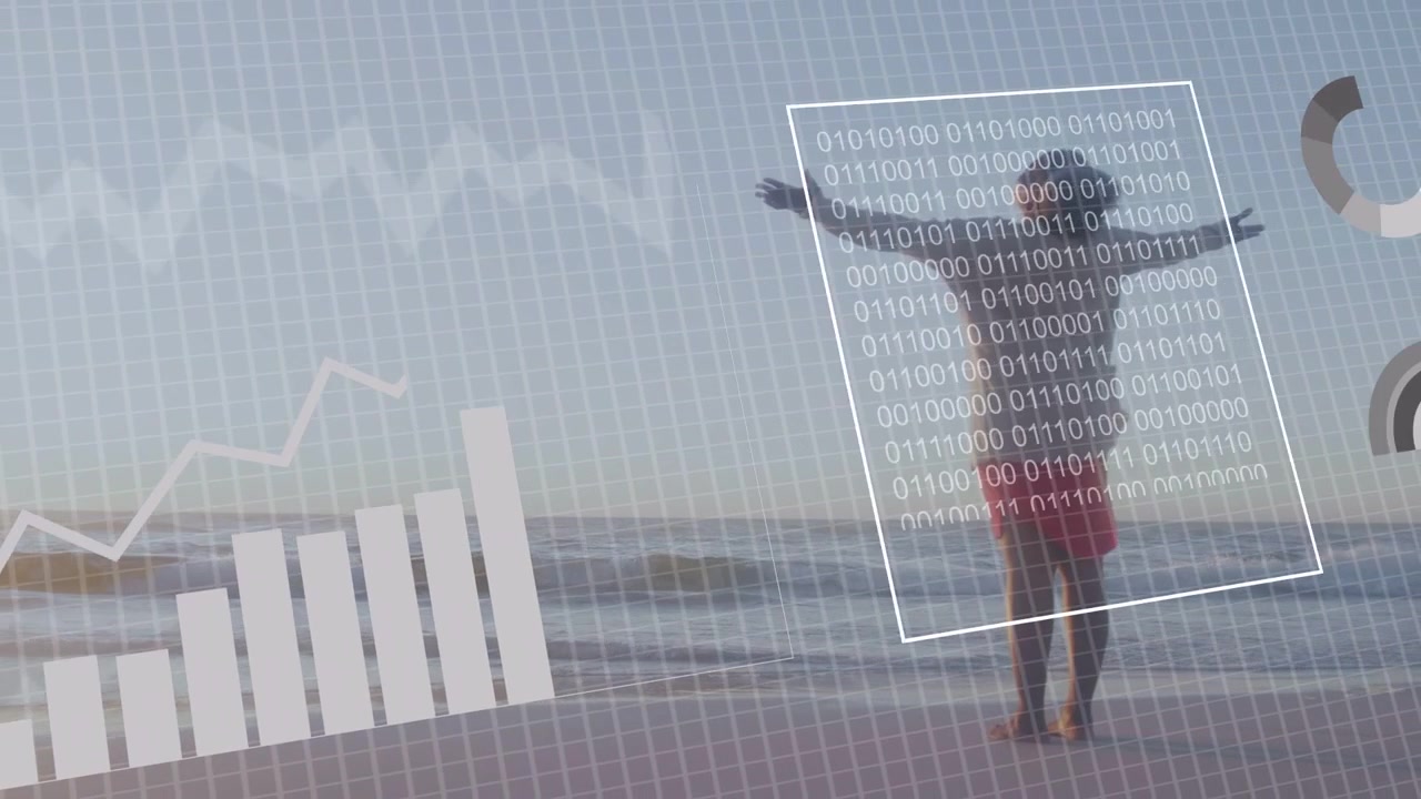 Woman arms open activating HUD over her, walking shore while charts and binary panel for analytics