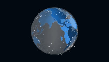 Animation-Von-Punkten-über-Dem-Sich-Drehenden-Globussymbol-Vor-Schwarzem-Hintergrund