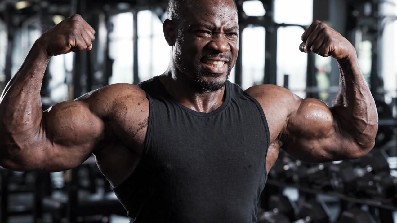 Intensa Sessione di Allenamento: Un Bodybuilder Concentrato Impegnato nell'Allenamento della Forza, che Mostra Sviluppo Muscolare e Dedizione nell'Ambiente della Palestra